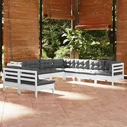 Generic 9 Piece Garden Lounge Set with Cushions White Solid Pinewood,3096828