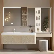 ZGNBSD Floating Bathroom Vanity with Sink - Luxury Bathroom Vanity | LED Smart Defogging Medicine Cabinet Included | Multi-Layer Solid Woody | Add Makeup Area