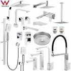 Mirror Chrome Square Basin Mixer Kitchen Tap Pull Out Spout Shower Arm Set Waste