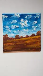 Original 6" Oil Painting Country Farm Fields & Summer Blue Cloudy Sky textured