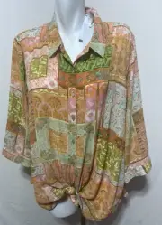 Rose + Olive Women 2X Top Shirt Blouse Peach Green Patchwork New NWT