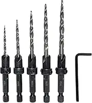 Meichoon Countersink Drill Bit Set 5 Pcs Hex Shank 3in1 Wood Pilot Bits Drilling 7/64 9/64 11/64 3/16 7/32 Screws Holes with Adjustable Depth Stop Quick Release 1 Allen Wrench