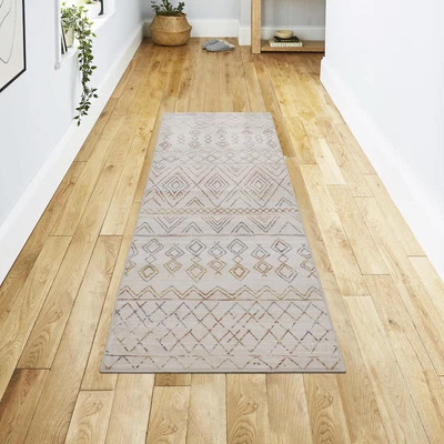 Moroccan Boho Janae Dream Mink Printed Chenille 2' x 6' Non Skid & Machine Wa...