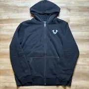 True Religion Full Zip Hoodie Mens XL Jet-Black Sherpa Lined White Stitch Street