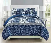 Navy Blue White Floral Patchwork 3 pc Quilt Set Full Queen Cal King Bedspread