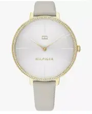 Tommy Hilfiger Women's Watch Light Gray Leather Band Crystal Gold Case 1782110