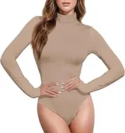 [Caihoyu] Solid Color Pure Plain Tan long sleeve Tank Top Bodysuits for Women Womens Shapewear Bodysuit Sexy Tops for Women Going Out Mock Turtle Neck, Color 3