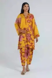 Sana Safinaz's Printed Linen Yellow Shirt and Shalwar Small