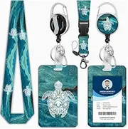 Checkzed Sea Turtle Lanyards for Office ID Badges, Creative Badge Reel Retractable and Detachable Name Tag Clip, Retractable 24" UHMWPE Fiber Pull Cords, Suitable for Staff and Students