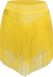[TiaoBug] Women Dance Skirt Elastic Waistband Tiered Tassels Skirt for Salsa Latin Dance Performance Competition