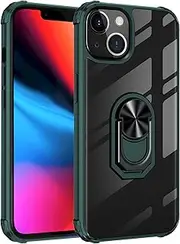 Cavor for iPhone 13 Mini Case,Clear PC Case TPU Bumper Protective Cover 360°Rotation Ring Holder Kickstand [Work with Magnetic Car Mount] (5.4")-Dark Green