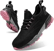 [SPIEZ] Composite Toe Safety Shoes for Women,Breathable Lightweight Non Slip Work Shoes,Air Cushion Safety Sneakers for Daily Casual Wear and Various Harsh Environments Black-Pink