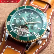 Mens Diver Chronograph Automatic Mechanical Watch Silver Timber Leather Cuff