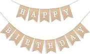 Happy Birthday Banner for Birthday Party Decorations, Rustic Burlap Bunting Swallowtail Flags, 2 in 1