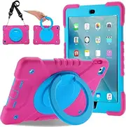 iPad 9.7 inch Case iPad 6th/5th Generation Cases,Case for iPad 9.7 Pro & iPad Air 2 Full-Body Silicone+PC Protection Rotating Stand Shockproof Case for Kids Tablet Cover Pink+Blue