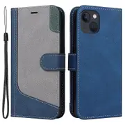 Three-color Splicing Wallet Case for iPhone 15 ,PU Leather Phone Stand Cover with Wrist Strap