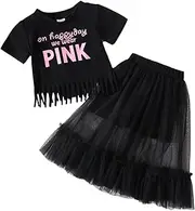 [COOLOYA] Girl's 2 Piece Set Letter Print Tassels Short Sleeve Tee & Mesh Skirts