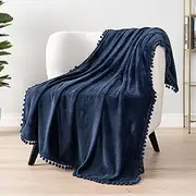 PAVILIA Navy Blue Throw Blanket Pom Pom for Couch Bed Sofa, Fleece Soft Fuzzy Cozy Lightweight Pompom Fringe Blanket, Decorative Boho Room Home Decor Gift Flannel Velvet Throw, Dark Blue, 50x60