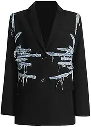[Bciopll] Women Hit Color Patchwork Denim Blazer Loose Notched Long Sleeve Spliced Buttons Suit Jacket