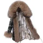 Women Winter Fluffy Raccoon Fur Collar Hooded Coat Rex Rabbit Liner Parka Jacket