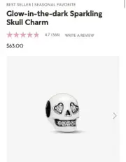 Authentic Pandora #792811C01 Glow in The Dark Sparkling Skull Charm