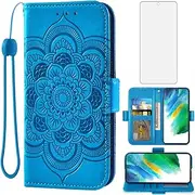 [Asuwish] Compatible with Samsung Galaxy S21 FE Gaxaly S 21 FE 5G Wallet Case and Tempered Glass Screen Protector Flip Card Holder Cell Phone Cover for Glaxay S21FE5G UW S21FE 21S G5 Women Men Blue