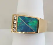 Mens 14k yellow gold, inlaid opal and channel set diamond ring size 10.
