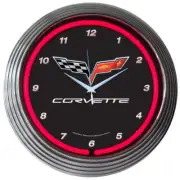 C6 Corvette Black & Chrome Wall Clock - Crossed Flags Logo & Red Neon Light