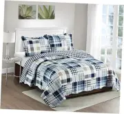 Plaids Patchwork, 3-Piece Quilt Set, Reversible Queen Size Quilt Set Blue