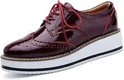 [Gikleihwy] Oxfords Women's Vintage Low Chunky Heel Vegan Leather Platform Fashion Lace Up Perforated Stacked Pumps Flats Dress Shoes