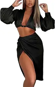 [Resnan] Women's 2 Piece Crop Top and High Slit Midi Skirt Women Long Sleeve Knit Set Sexy Maxi Dress Ladies Suit Deep V Sets
