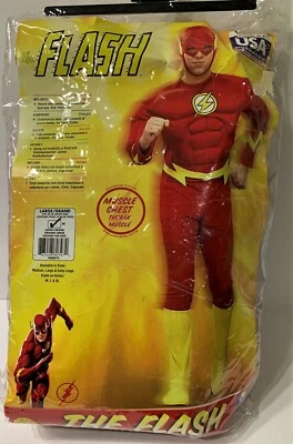 THE FLASH Mens MUSCLE CHEST COSTUME L 42-44 NEW Jumpsuit Headpiece Belt DC Comic