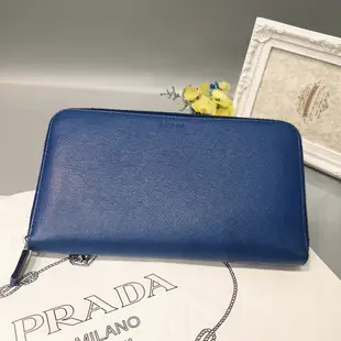 【哈極品】二手品《PRADA 寶藍色 防刮皮 萬用拉鍊長夾/皮夾》