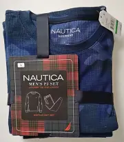 Nautica Blue Camo Waffle Knit Pajama Set Men's Large PJ Crew Tee Top Jogger Pant