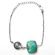 Tree Of Life - Natural Rare Turquoise Nevada Aztec Mt 925 Silver Bracelet B-1032