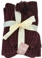 NWT Basha Accessories 2 Pc Set Womens Burgundy Red Sequins Knit Scarf Hat Beanie