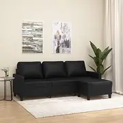 3-Seater Sofa with Footstool Black 180 cm Faux Leather Couch for Living Room, Modern L-Shaped Sectional with Comfy Seats, Durable and Easy to Clean, Perfect for Small Spaces, Apartments, and Bedrooms