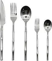 Pinenjoy 5Pcs Bamboo Shaped Flatware Set, 18/10(304) Stainless Steel Silverware Set Includes Dinner Knife Dinner Fork Salad Fork Soup Spoon Dessert Spoon for Daily use, Restaurants, Gatherings