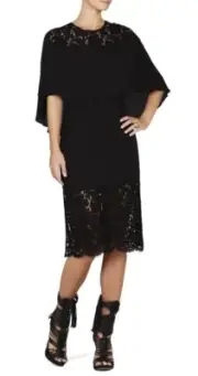 NEW BCBGMAXAZRIA Women XS BLACK LACIE LACE-BLOCKED CAPE MIDI DRESS GG