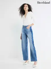 River Island Blue Side Stripe Barrel 100% Cotton Jeans (F53893) | $111
