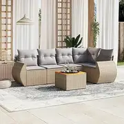 6 Piece Garden Sofa Set with Cushions Beige Poly Rattan Patio Bar Sets