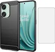 [Asuwish] Phone Case for OnePlus Nord 3/Ace 2V 5G with Tempered Glass Screen Protector Cover and Cell Accessories TPU Silicone Soft TPU Slim Rubber 1 + Nord3 1+ Ace2V V2 Women Men Carbon Fiber Black