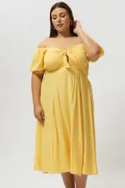 Yellow Midi Dress Short Sleeve Tie Front