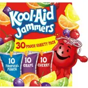 Kool Aid Jammers Variety Pack Tropical Punch, Grape, Cherry, 30 Ct, 6 floz Pouch