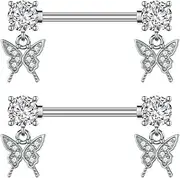 [Kokoma] Dangle Drop Charm Nipple Rings for Women CZ Crystal Star Cross Butterfly Dangling Nipplerings Straight Tongue Rings Eye Barbell Piercing 14G Body Piercing Jewelry