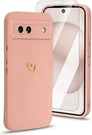 [CICIBER] Silicone Phone Case for Google Pixel 8A, with Screen Protector, for Women Girls Silky Soft TPU Protective Shockproof Case Cover with Gold Heart Pattern Design, Pink