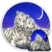 White Tigers Moon Lovers at Night Round Beach Towel