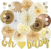 FETETIJD Brown & Beige Baby Shower Decorations: 5pcs Tissue Pom Poms, 6pcs Paper Fans, 2pcs Lanterns, 1pc Circle Dot Garland, 1pc Oh Baby Banner - Neutral, Rustic, Boho, Birthday Party Decorations