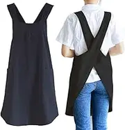 Japanese Linen Cross Back Kitchen Cooking Aprons for Men with Pockets for Baking Painting Gardening Cleaning Khaki