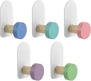 5pcs Self-Adhesive Kids Coat Hooks, Cartoon Animal Pattern Wooden Hooks Wall Hooks Sticky Hooks, Children's Coat Hooks for Towel, Clothes, Key, Backpacks and Hats(Macaron Round)